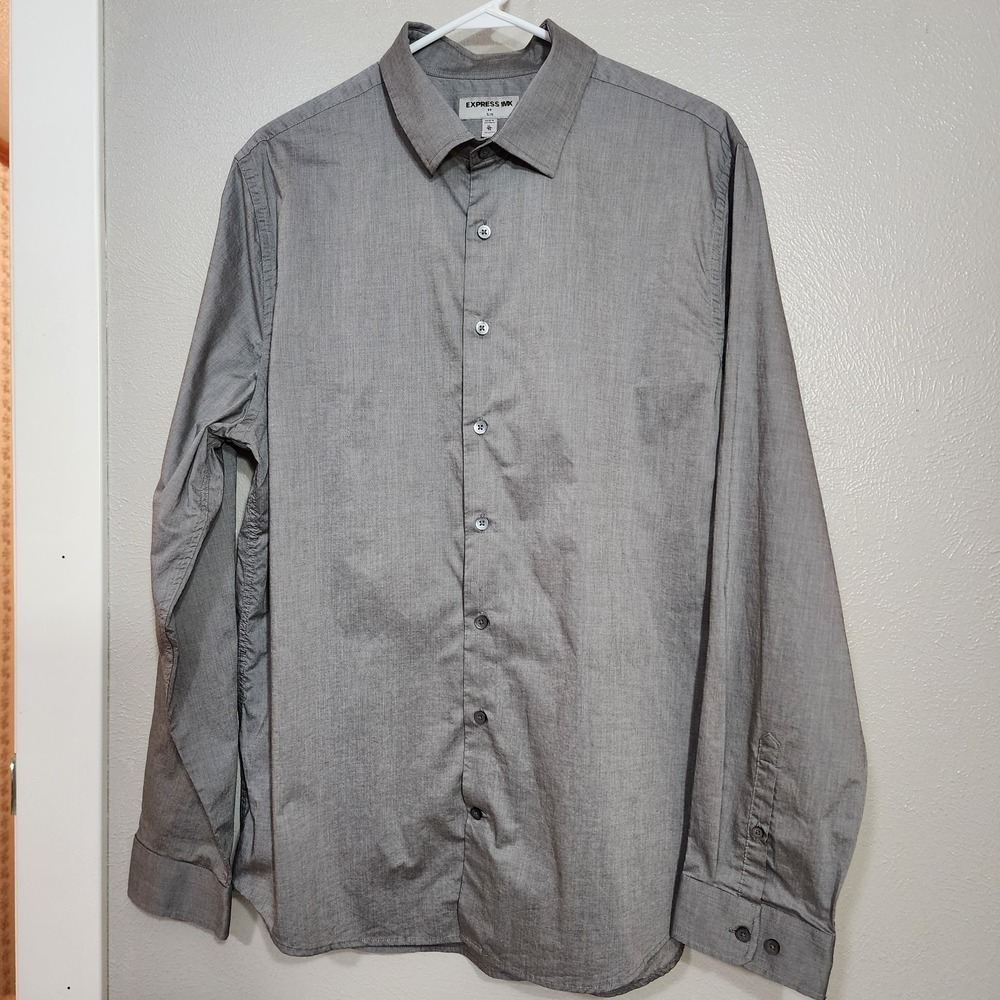 Express 1MX Mens Button Down Shirt XL Slim Fit Long Sleeve Gray Solid Dress Work